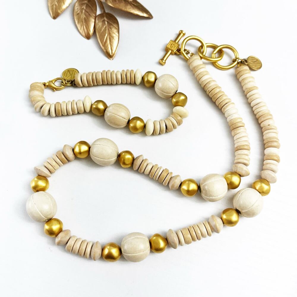 Anne Klein II Vintage Wood Gold Bead Necklace & Bracelet Set